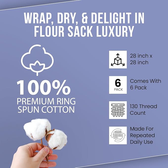 Flour Sack Towels| Tea Towel for Crafts| Kitchen Dish Cotton Blank Towel for Embroidery|Baking Bread Proofing Linen Cover| Thick Absorbent Quick Dry| 6 Pack 28"x28" White