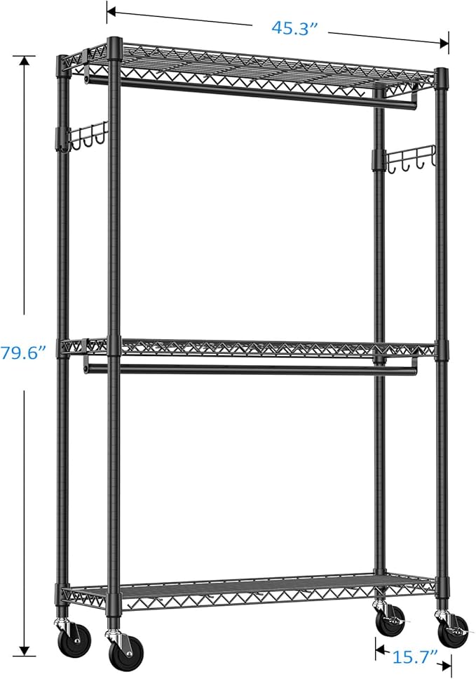 IZEUK 3 Tier Heavy Duty Rolling Garment Rack Wire Clothes Rack for Hanging Clothes, Metal Freestanding Closet Wardrobe Rack with Double Rods and Side Hooks Black 15.7" D x 45.3" W x 79.6" H