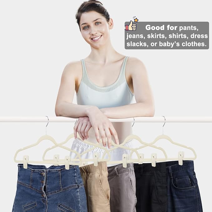 Beige Velvet Hanger Clips (60-Pack), Non-Slip Velvet Clip Work Perfectly for Ivory/Beige Velvet Hangers, Pant Skirt Hanger Velvet Clips Fit for Velvet Clothes Hangers