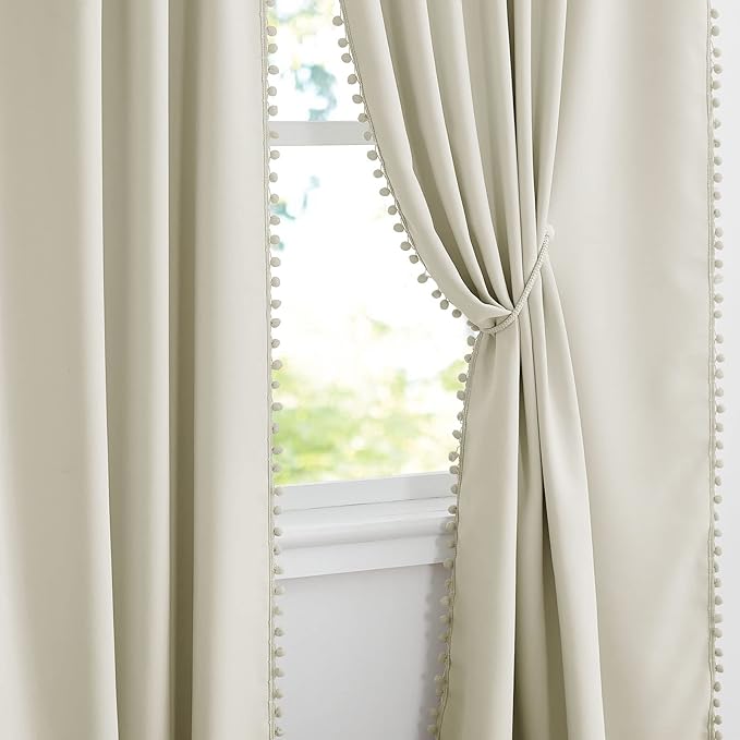 RYB HOME Bedroom Curtains 84 Inches Long Kids Curtains Blackout Window Drapes with Pom Pom Balls Lights & Heat Blocking Drapes for Girls Boys Kitchen Farmhouse, Beige, W52 x L84, Set of 2