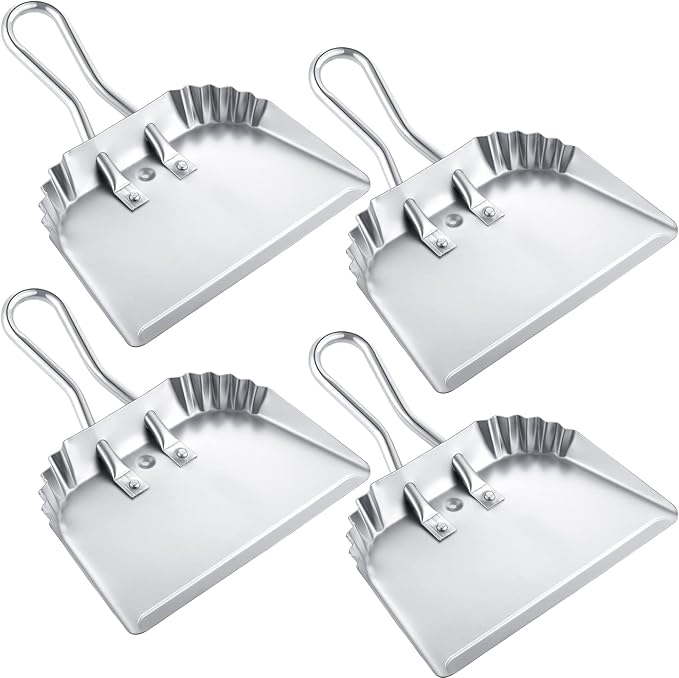 Mumufy 4 Pack 12 inch Heavy Duty Metal Dustpan Large Wide Dust Pans for Household Handheld Wide Scooper and Debris Cleaning Tool Ideal for Home and Commercial Use (Silver)