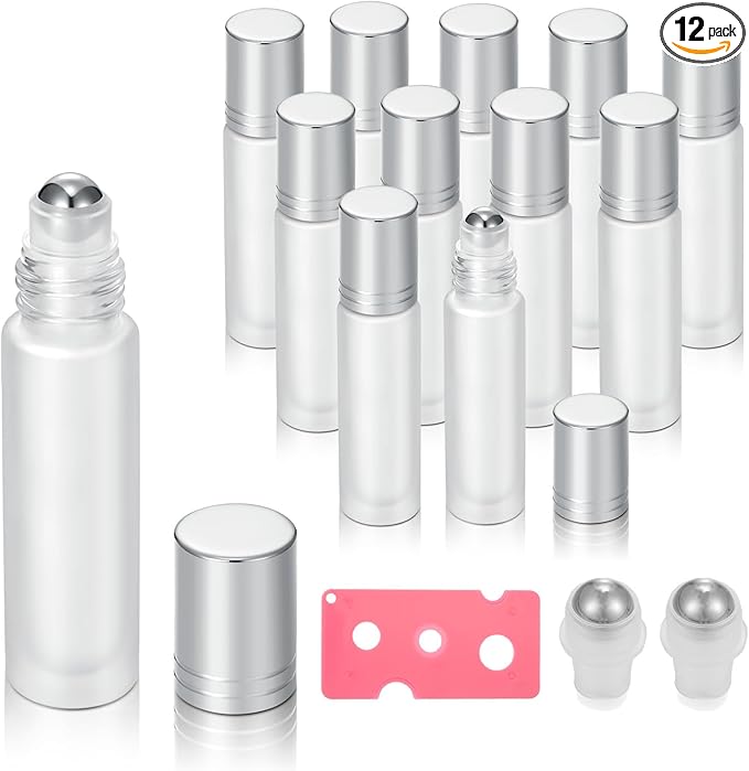 12 Pack Essential Oil Roller Bottles,10ml 0.34oz Empty Frosted Glass Roller Bottles with Stainless Steel Roller Balls and Caps Refillable Container for Perfume Roll on Bottles (12 Pack Silver Caps)