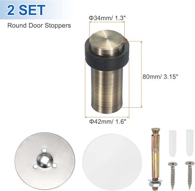 PATIKIL 2Set Round Door Stoppers, 80mm Stainless Steel Door Stop Doorstop Wedge Metal Cylinder Self Adhesive with Screw for Bottom of Door Floor Inside, Bronze