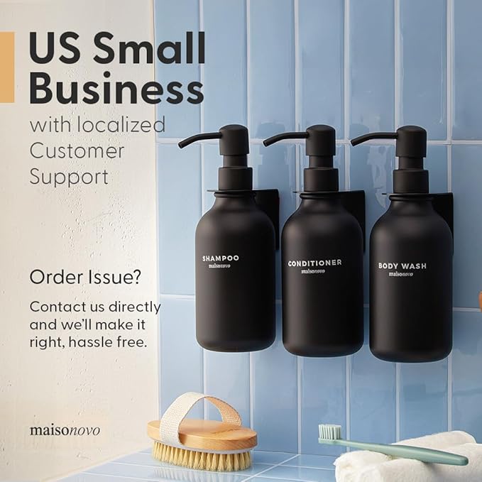 MaisoNovo Refillable Shampoo and Conditioner Bottles | 16.9 fl oz Set of 3 Black Plastic Bottles Black Bamboo Pumps