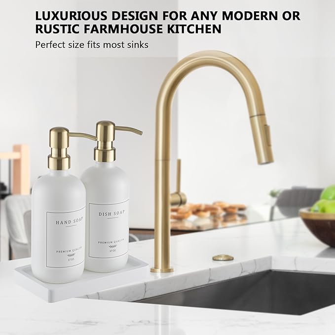 Thick Glass Soap Dispenser - Kitchen Dish Hand Soap Dispenser Set,Rustproof Pump Soap Lotion Dispenser Bathroom with Tray,14 Stickers for Kitchen Decor White Bottle/Gold Pump