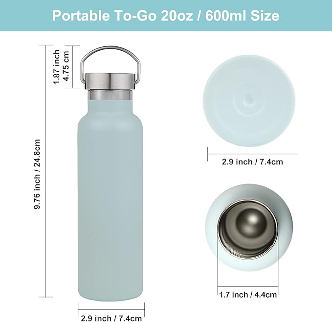 Neihepal Fog Stainless Steel Water Bottles,20 Ounce Vacuum Insulated Double Wall Travel Bottle with Leak Proof Lid of Handle,Metal Reusable Standard Mouth Flask Thermoses for School,Hikers,Gift