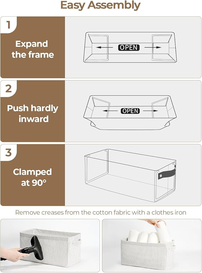 StorageWorks Narrow Storage Bins, Small Basket for Closet and Shelves, Rectangular Fabric Organizer with Handles, Toilet Paper Storage, Khaki and Beige Stripes, 2-Pack