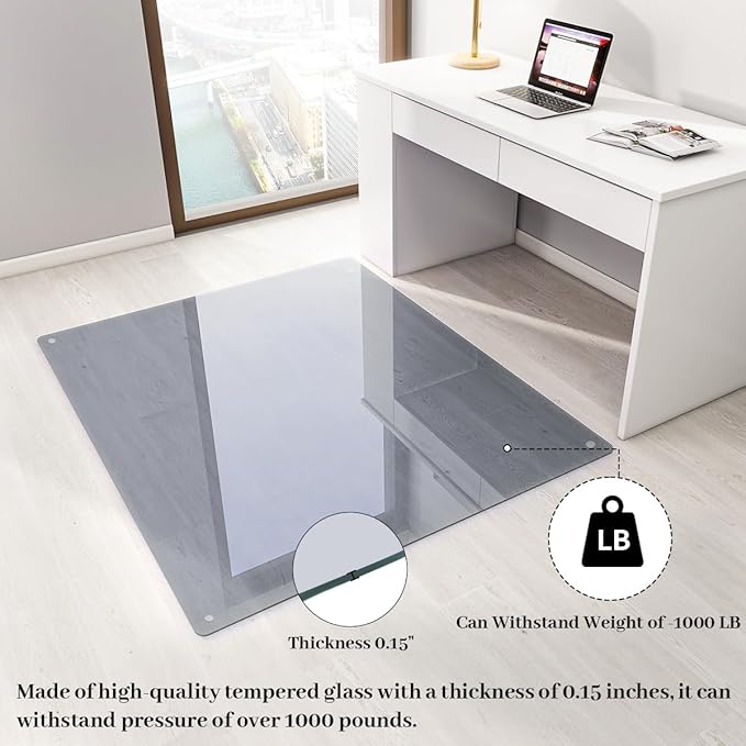 [Tempered Glass] 46" x 55" Glass Chair Mat, Heavy Duty Hard Tempered Glass Mat with Round Corner and Polished Edge, Transparent Glass Office Chair Mat for Office and Home Hard Floor or Carpeted, Grey