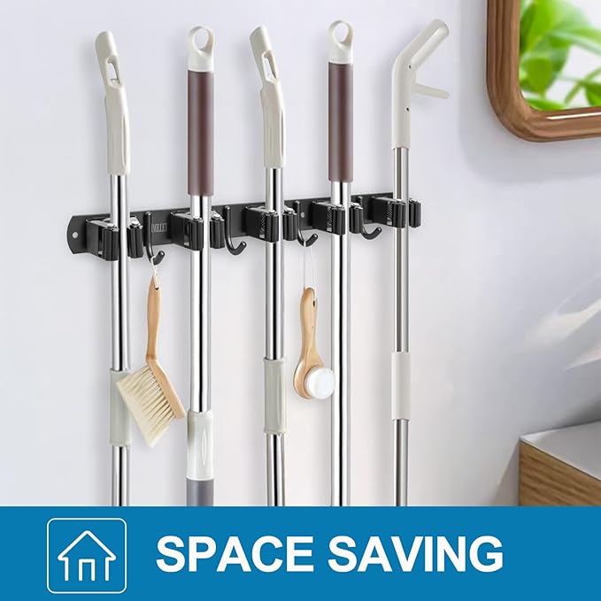 IMILLET 2 Pack Broom and Mop Holder Wall Mounted, Broom Holder Stainless Steel Broom Organizer Heavy Duty Tools Organizer Self Adhesive for Laundry Room Garage Garden（5 Racks and 4 Hooks）