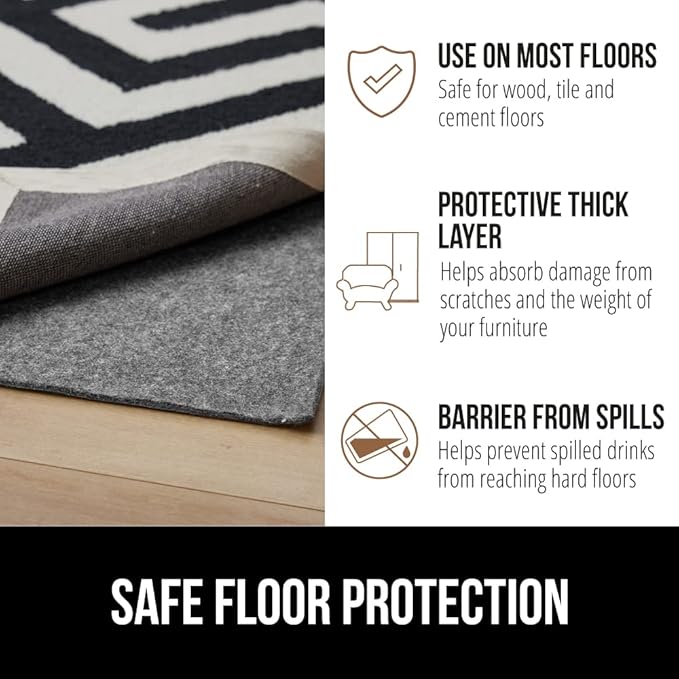 GORILLA GRIP Felt and Natural Rubber Stay in Place Slip Resistant Rug Pad, 1/4in Thick, 4x6 FT Protective Padding Under Area Rugs, Cushioned Gripper Pads, Carpet Runners, Hardwood Floors Protection