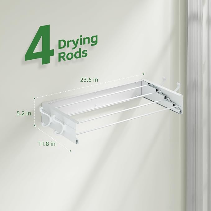 Wall Mounted Clothes Drying Rack for Laundry 23.6", Folding Clothes Drying Rack with 4 Towel Hooks and 4 Rods for Hanging Coat Dedicates, Space Saving for Bedroom Bathroom Balcony Living Room (23.6'')