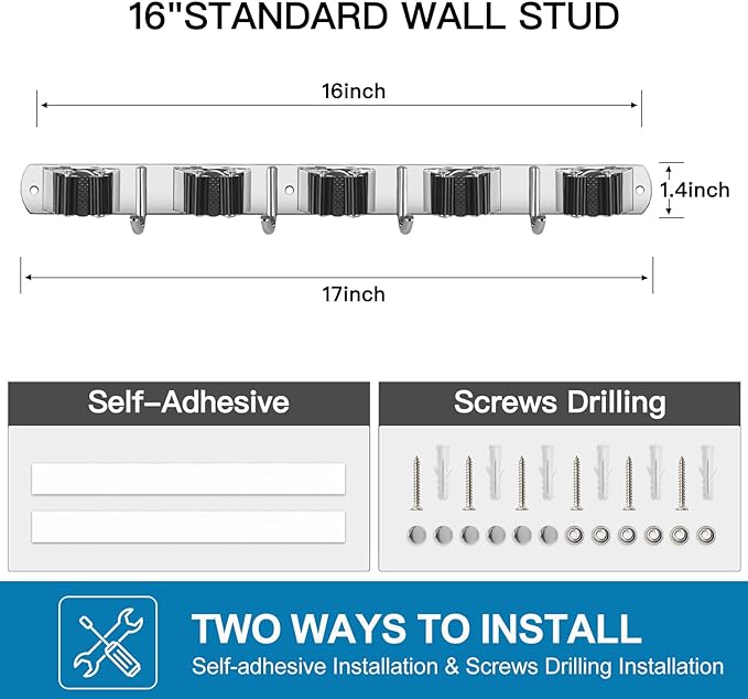 IMILLET 2 Pack Wall Mount Broom Holder Stainless Steel 5 Racks with 4 Hooks Broom Organizer Self Adhesive Heavy Duty Laundry Room, Garage Organization Storage