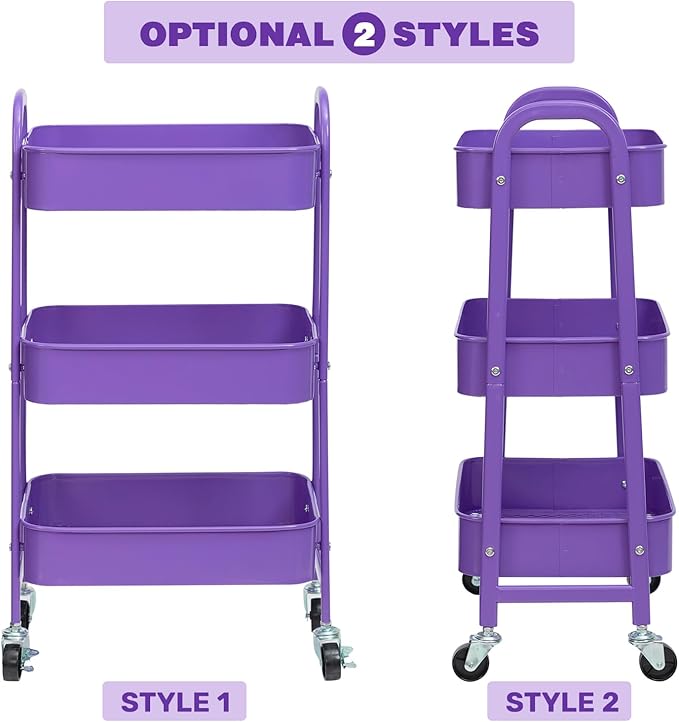 AGTEK Makeup Cart, Movable Rolling Organizer Cart, 3 Tier Metal Utility Cart with Lockable Wheels for Home & Office, Violet