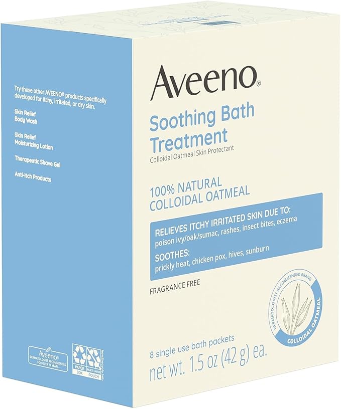 Aveeno Fragrance Free Soothing Bath Treatment, 100% Natural Colloidal Oatmeal, Sensitive Skin Bath Soak for Relief of Dry, Itchy, Irritated Skin Due to Eczema & Hives, Bath Packets, 8 ct. (Pack of 2)