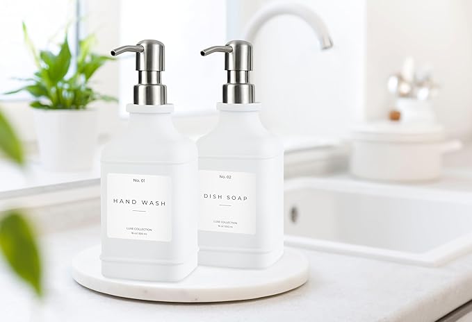 Emerson Essentials Soap Dispenser, Dish Soap Dispenser, Soap Dispenser Bathroom Set, Hand Soap Dispenser, Kitchen Soap Dispenser Set, Glass Soap Dispenser with Pump + Labels | 16 Oz, 2-Pack