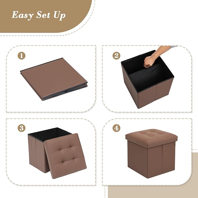 Athena Collection 15" Storage Ottoman Bench Folding Bench with 40L Hidden Storage, Small Cube Ottoman PU Leather Foot Rest Stool Chest with Flipping Lid for Living Room, Bedroom, Entryway, Brown