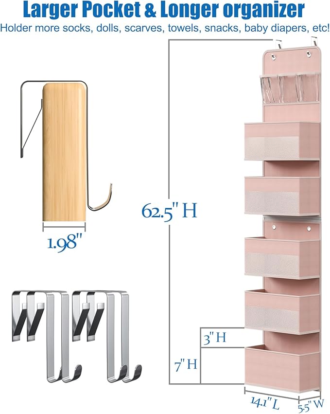 Closet Organizers and Storage, Over The Door Organizer, 6 Shelf Camper Storage, Behind The Door Storage Organizer, Wall Mount Back of Door Hanging Organizers (Pink)