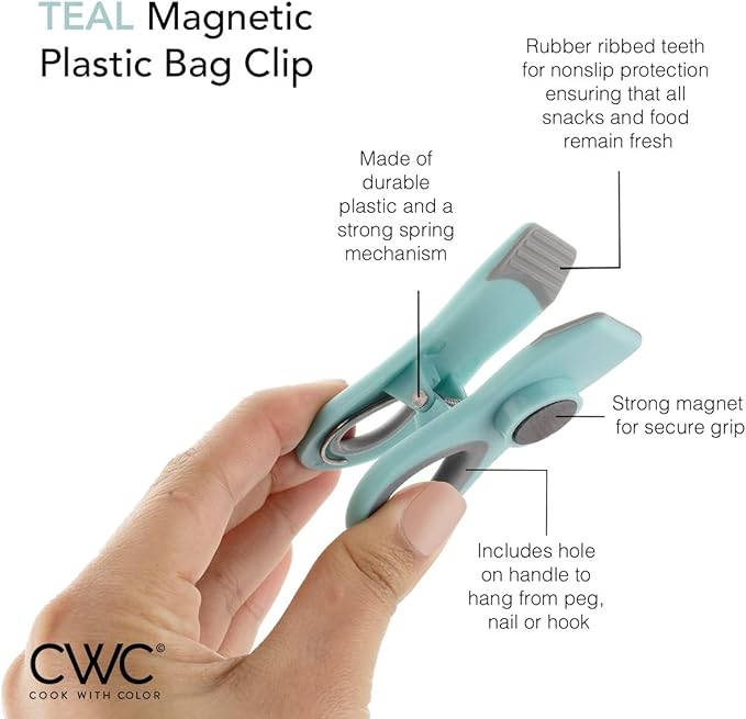 COOK WITH COLOR Bag Clips - Heavy Duty Chip Clip and Refrigerator Magnet Clips for Food Storage with Air Tight Seal Grip, Teal, Pack of 8