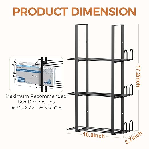 Glove Holder Dispenser for Wall Mount, Black Metal Disposable Latex Gloves Holder for Lab, Wall-Mounted Triple Rubber Box Holder, Tissue Rack for Kitchen and Garage