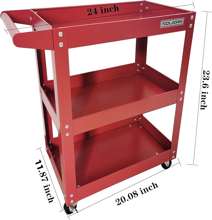 Utility Service Cart, 3 Shelf 150LBS Heavy Duty Steel Rolling Utility Cart, Medium Lipped Shelf, 360° Swivel Wheels, Ergonomic Storage Handle for Warehouse Garage, Red