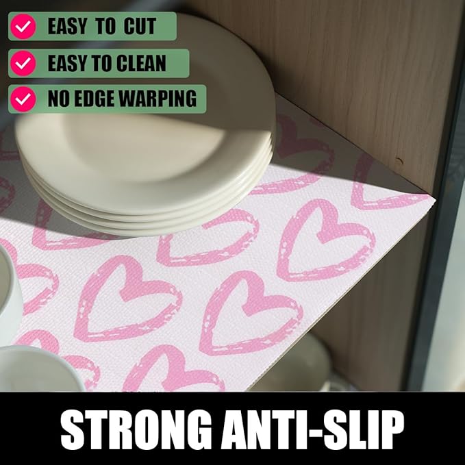 Pink Heart Shelf and Drawer Liner for Cabinets, 12IN x 20FT Non-Adhesive and Strong Non-Slip Shelf Cabinet Drawer Liners for Kitchen,Table,Bookshelves,Waterproof Cupboard Liners,Easy to Clean