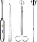 Lsnisni 4 in 1 Candle Accessory Set, Electric Lighter, Wick Cutter, Snuffer and Dipper, Steel Wick Trimmer Set - Silver