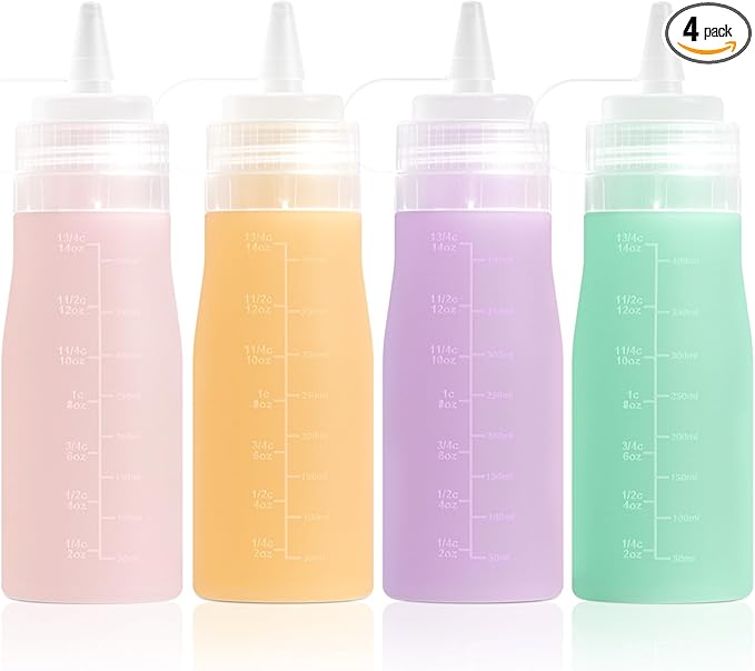 Condiment Squeeze Bottles, 16 oz Silicone Squeeze Bottles For Sauces, Leak Proof Condiment Containers with Extra Interchangeable lid, Easy Squeeze for Oil, Honey & Dressings, BPA FREE (4 Pack)