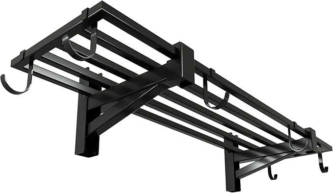 1-Pack Garage Wall Shelving,Heavy Duty Garage Storage Shelves, Wall Mounted Storage Shelving with 6 Hooks, 250LB Capacity, Black