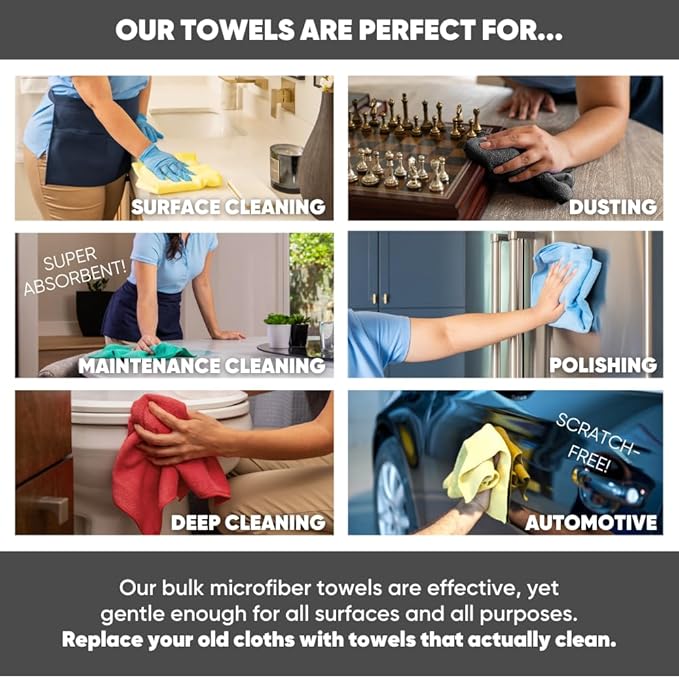 Microfiber Wholesale Bulk 16" x 16" All Purpose Towels Case Quantity (200 Count) | Large | No Fraying | High Density Microfiber | Zero Chemical Cleaner | Long-Lasting (Red)