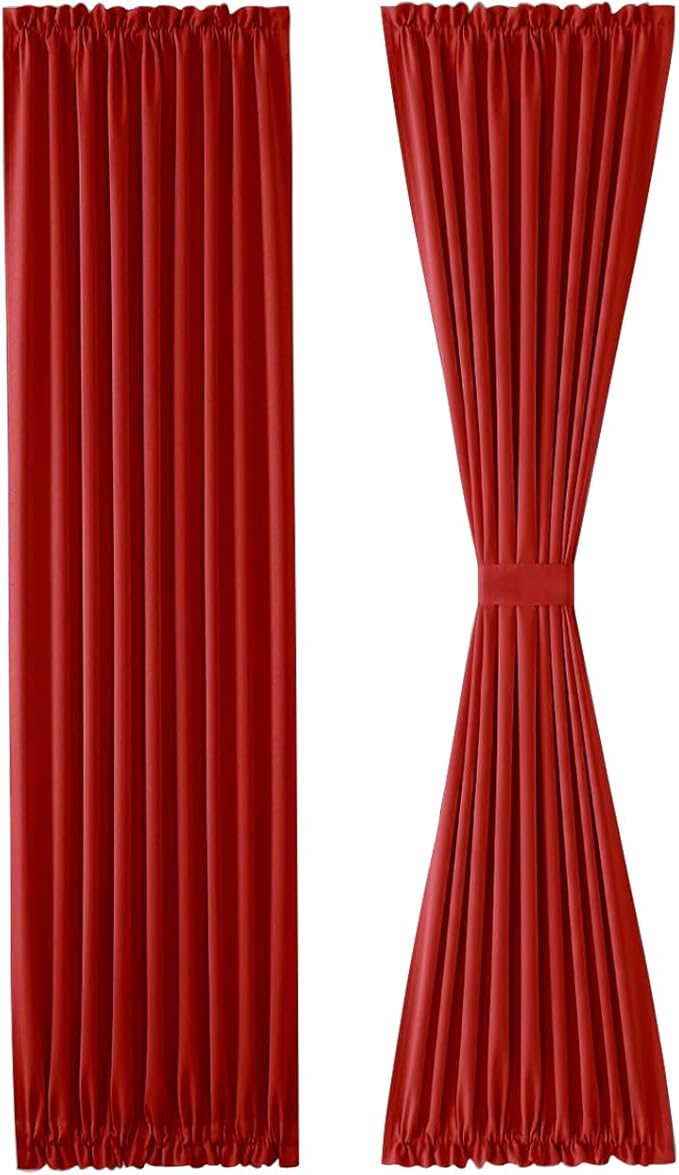 DWCN French Door Curtain - Rod Pocket Thermal Blackout Panel for Glass Window, Christmas, Kitchen and Patio - Privacy, 36 X 72 Inches Long, 1 Panel With Tieback, Red