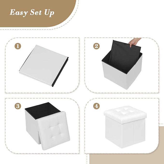 Athena Collection 15" Storage Ottoman Bench Folding Bench with 40L Hidden Storage, Small Cube Ottoman PU Leather Foot Rest Stool Chest with Flipping Lid for Living Room, Bedroom, Entryway, White