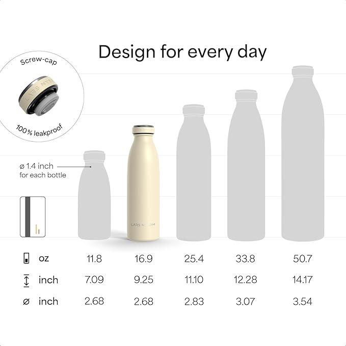 LARS NYSØM Stainless Steel Insulated Water Bottle 12oz 17oz 25oz 34oz 51oz | Insulated Thermo Flask for Hot and Cold Beverages | Leakproof Drinking Bottle (Sky Blue, 17oz)