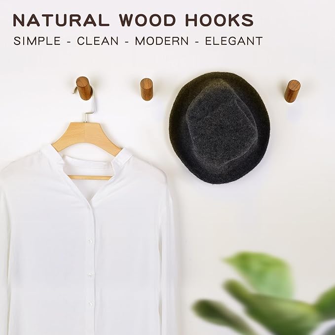 Wood Hooks, 3 Pack Wall Hooks Heavy Duty Rustic Coat Hooks Wall Mounted, Decorative Hooks for Hanging Coats Hats Towels Robes Hat Rack for Wall (Walnut Wood)