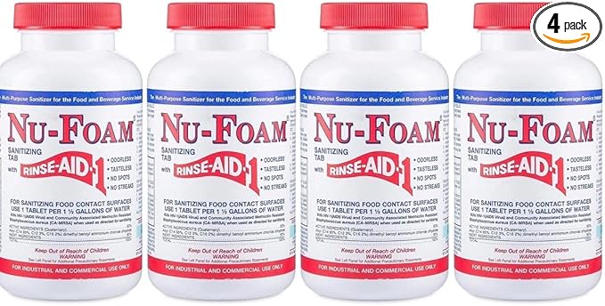 Nu-Foam Sanitizing Tablets for Bar Glassware – Superior Rinse Aid - Hand Washing Bar, Brewery Supplies - Spotless Serving Glasses - Professional - 4 Pack 400 Tablets/ 2,400 Quarts Sanitizing Solution