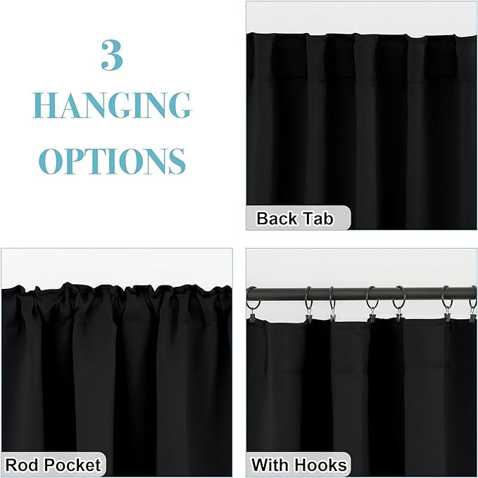 RYB HOME Short Black Curtains for Bedroom, Blackout Thermal Insulated Curtain Tiers Small Window Treatment Privacy Shades for Kitchen Farmhouse Closet, W42 x L36 inch, 2 Panels