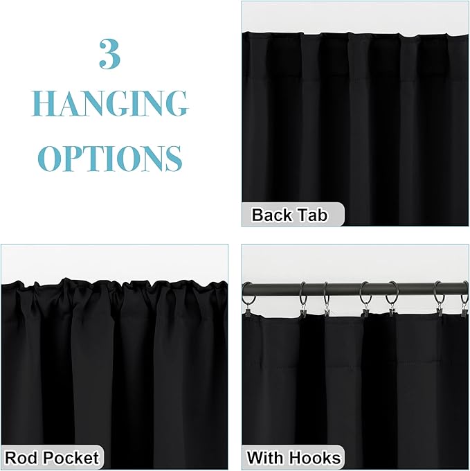 RYB HOME Blackout Curtains for Bedroom, Back Tab Curtain Drapes for Dining Room/Living Room/Garage/Staircase Window, Wide 42 x Long 72 inch, Black, 1 Pair