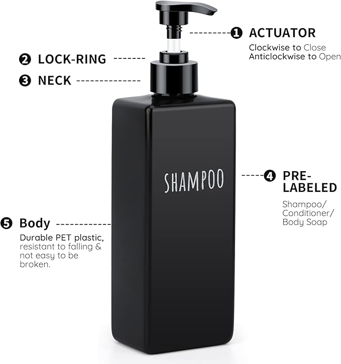 Segbeauty Plastic Square Soap Dispenser Black, 3pcs 16.9oz Refillable Shampoo and Conditioner Bottles, 500ml Empty Reusable Pump Bottle Bathroom Shower Dispenser Set for Body Wash Liquid Gel Lotion