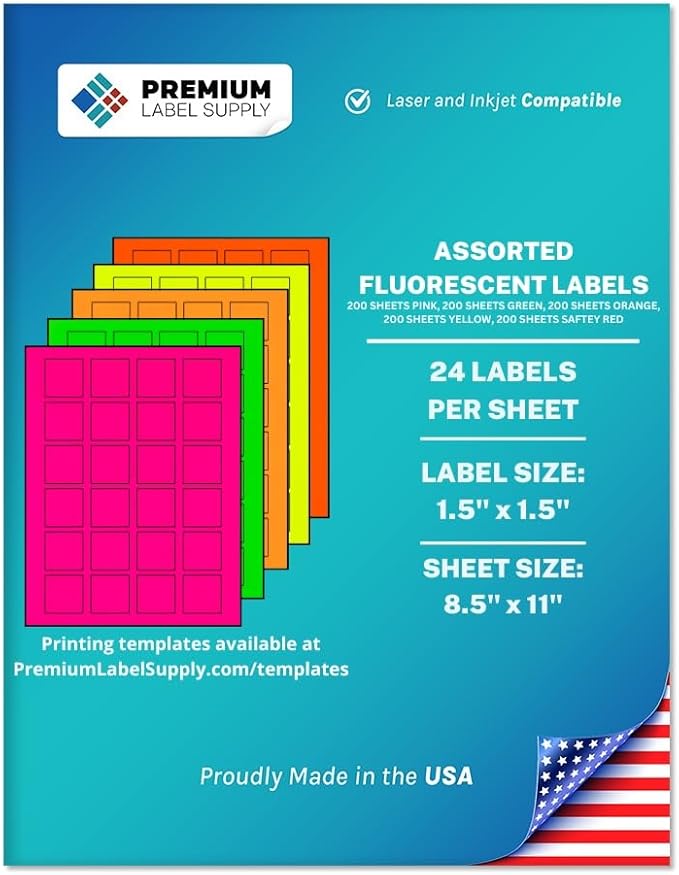 Premium Label Supply Bright Neon Color Fluorescent Sticker Labels - 1.5" x 1.5" Square Labels - (Assorted Fluorescent, 24,000 Labels)