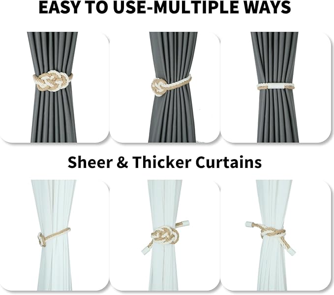 4 Pack Natural Jute Magnetic Curtain Tiebacks, Boho Rustic Style Decorative Curtain Ties Backs for Home & Office Drapery