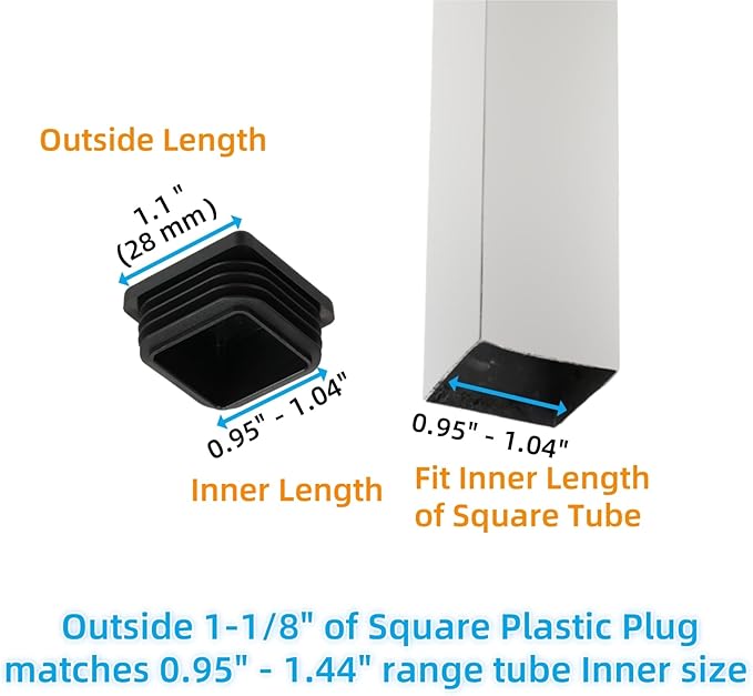Furnigear Plastic Plugs Tubing End Cap Chair End Caps Outside Bottom Tubing Caps Square Furniture Sliders Glides Black (24, Fit 0.95-1.04" Square Tube Inner Size)
