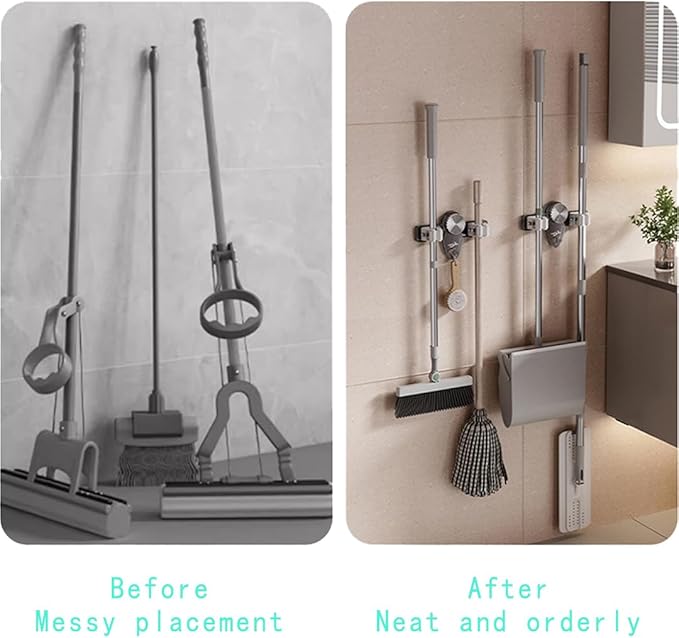 Mop and Broom Holder Wall Mount, No Punching Required Broom and Mop Organizer Wall Hanging with Hooks for Bathroom, Laundry Room, Garage, Kitchen,Garden Tool Organizer Storage (1pcs Gray)