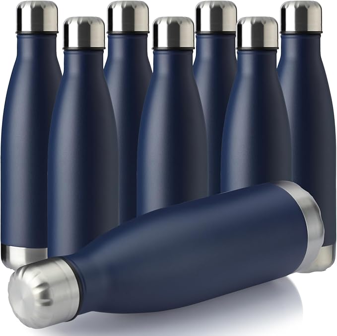 MEWAY 17oz Sport Water Bottle 8 Pack Vacuum Insulated Stainless Steel Leak-Proof Double Wall Cola Shape Water Bottle,Keep Drinks Hot & Cold (Navy,8 Pack)