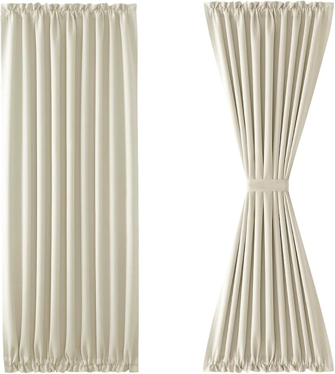 DWCN French Door Curtains – Rod Pocket Thermal Blackout Curtain for Doors with Glass Window, Kitchen and Patio Doors for Privacy, 54 X 80 Inches Long, 1 Curtain Panel with Tieback, Light Beige