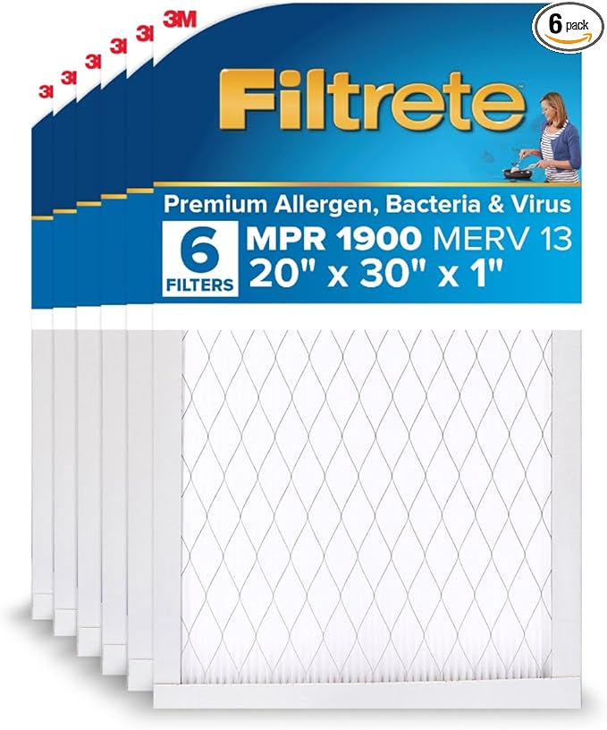 Filtrete 20x30x1 AC Furnace Air Filter, MERV 13, MPR 1900, Premium Allergen, Bacteria & Virus Filter, 3-Month Pleated 1-Inch Electrostatic Air Cleaning Filter, 6-Pack (Actual Size 19.81x29.81x0.78 in)