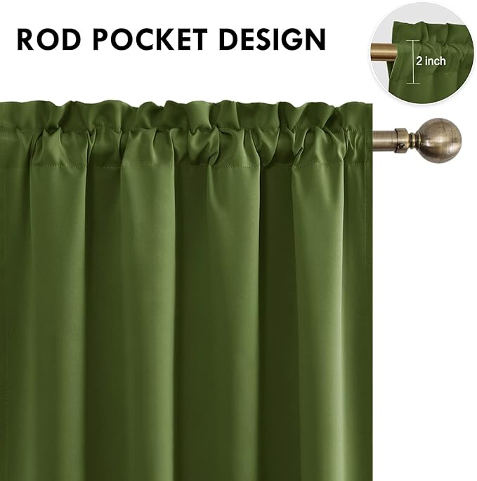DWCN Blackout Curtains for Living Room Thermal Insulated, Energy Saving & Noise Reducing Bedroom Curtains, Olive Green, W 70x L 63 Inch, Set of 2 Rod Pocket Curtain Panels