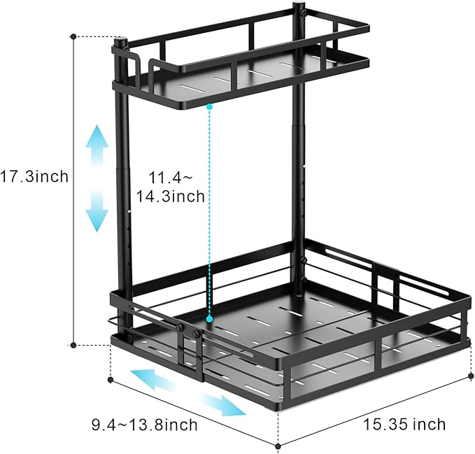 iSPECLE Under Kitchen Sink Organizer - 2 Tier Pull Out Under Sink Organizer Expandable Width Add Storage Space, Adjustable Height Easy Get Items without Digging, No Drilling Under Sink Storage