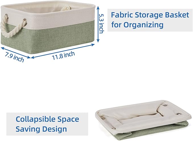 Temary Small Storage Baskets Small Fabric Bins for Closet, 6 Pack Decorative Storage Boxes with Rope Handles for Organizing Clothes, Canvas Storage Basket(White&Green,11.8L x 7.9W x 5.3H inches)