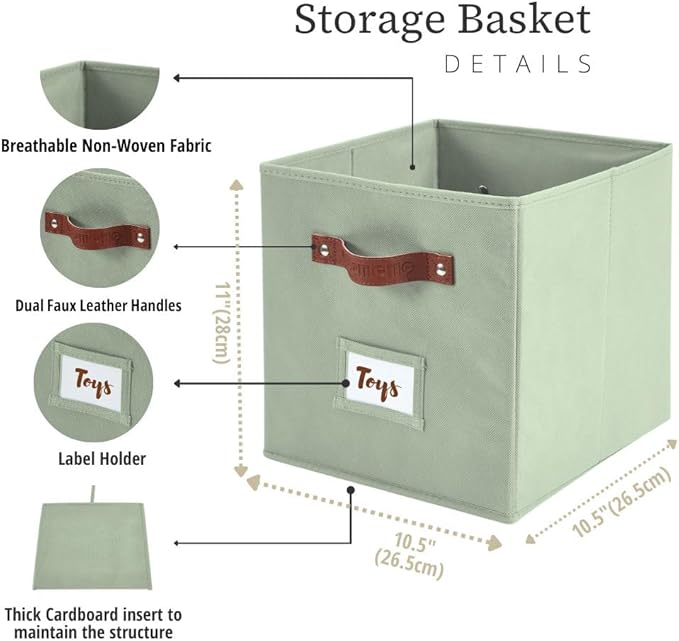DECOMOMO Storage Bins, Cube Storage Bin with Labels, Fabric Storage Cubes for Shelves (10.5" x 11" / 2pcs, Sage Green)