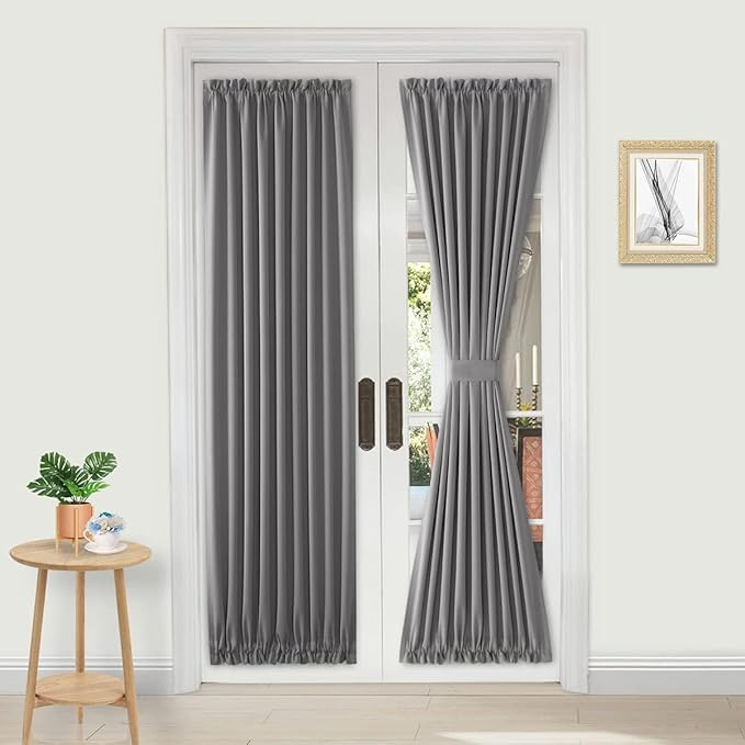 DWCN French Door Curtains – Rod Pocket Thermal Blackout Curtain for Doors with Glass Window, Kitchen and Patio Doors for Privacy, 36 X 72 Inches Long, 1 Curtain Panel with Tieback,Grey