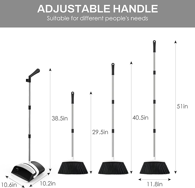 Broom and Dustpan Set for Home, 51-in Long Adjustable Handle Angle Broom and Dustpan Combo Set with Dust Pan Teeth to Clean Hair for Home Kitchen Office Lobby Floor Garden (Black&White)